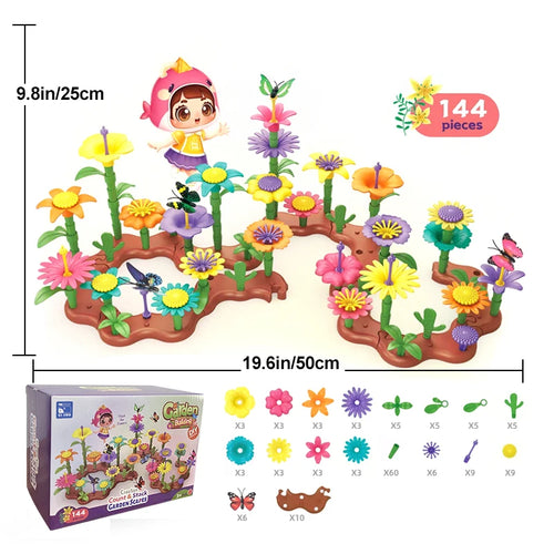 Children's flower garden building toy set shown with assembled colorful flowers and butterflies on a white background, plus packaging box, dimensions (9.8 in by 19.
