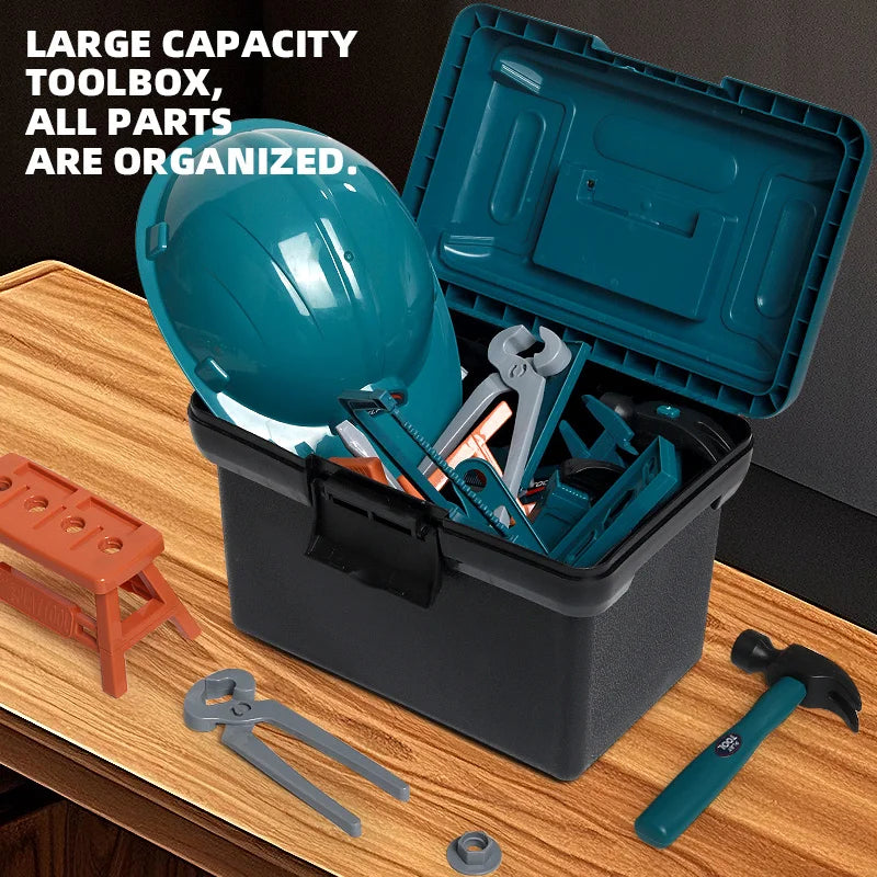 Open toolbox with tools and a hard hat on a wooden surface, text indicating large capacity and organized parts.