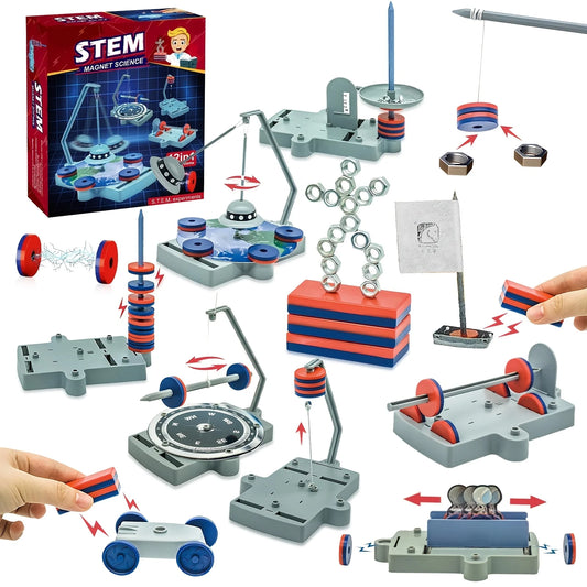 STEM magnet science kit with various components and a box on a white background