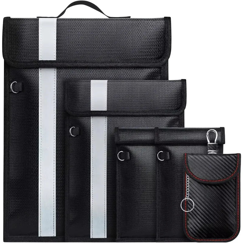 Four black reflective utility pouches in different sizes, arranged by size from largest to smallest on a plain white background. The pouches have silver reflective vertical stripes on the largest two, black textured fabric on the others, metal D-rings, and a carbon-fiber-patterned front pocket on the smallest pouch with red stitching.