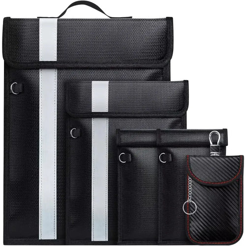 Four black reflective utility pouches in different sizes, arranged by size from largest to smallest on a plain white background. The pouches have silver reflective vertical stripes on the largest two, black textured fabric on the others, metal D-rings, and a carbon-fiber-patterned front pocket on the smallest pouch with red stitching.