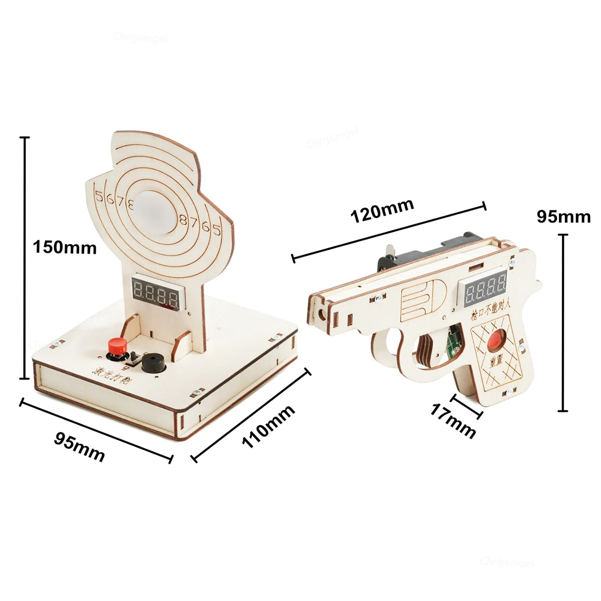 Wooden laser-cut model of a gun and target with measurements on a white background