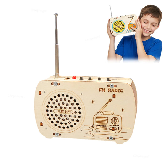 Wooden FM radio with a child holding a smaller version of the radio.