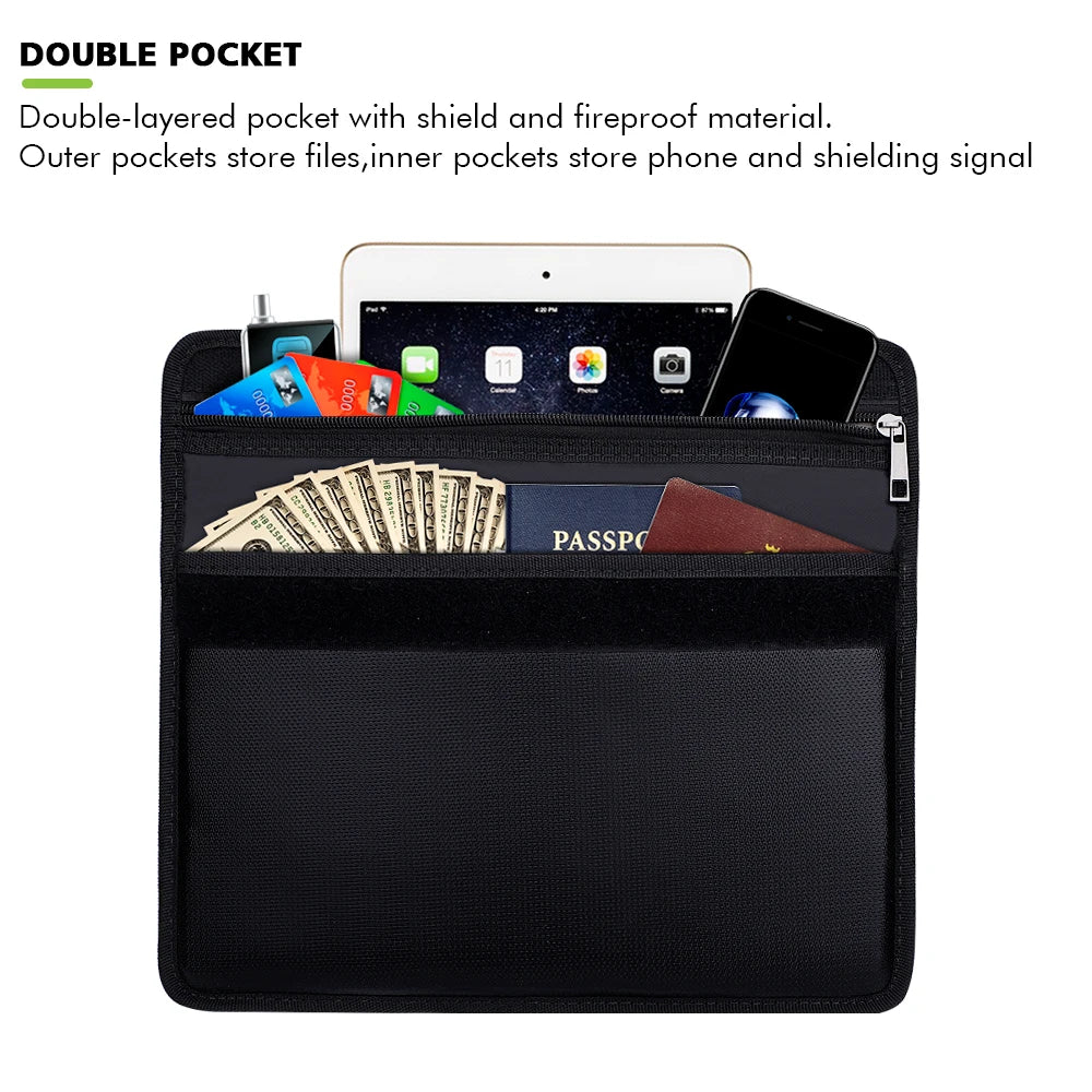 Black double pocket organizer pouch with zippered compartments, shown holding an iPad, smartphone, cards, cash, and a passport. Text at the top describes the double layered pocket and fireproof material.