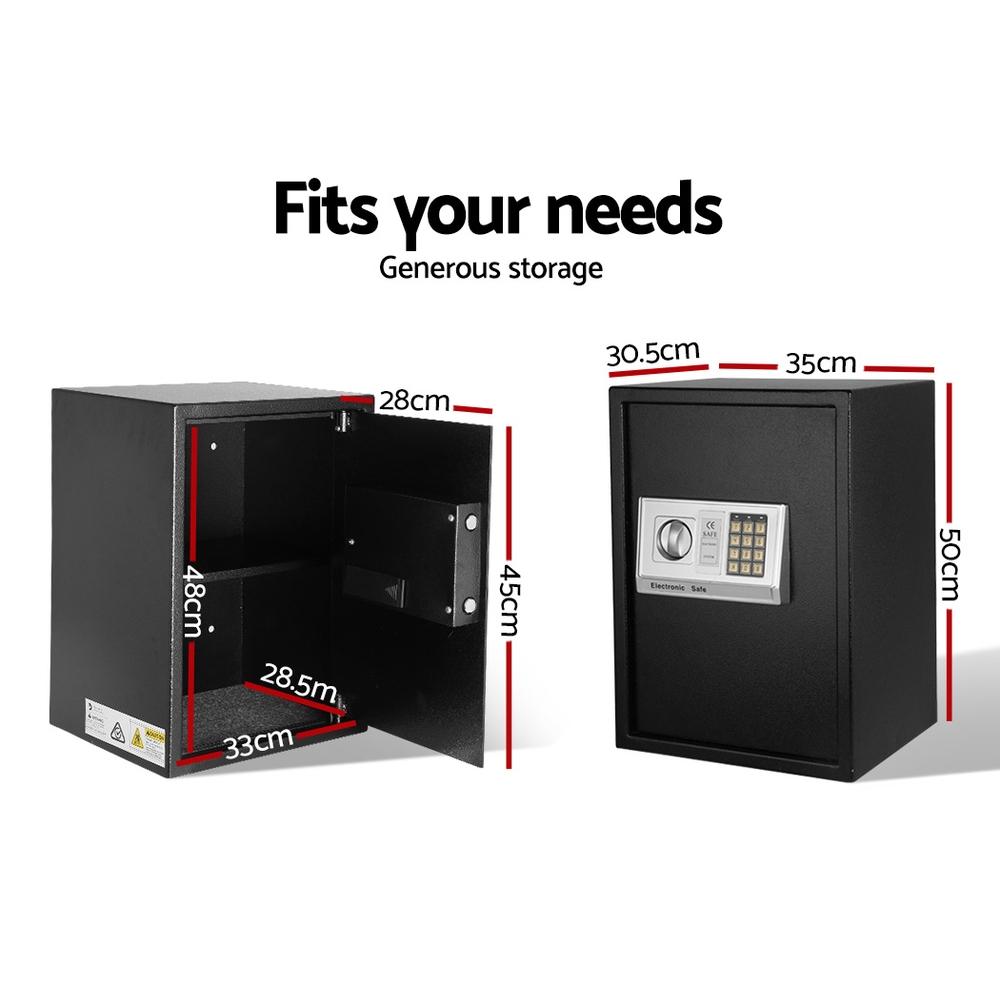 Black safe with dimensions labeled on a white background