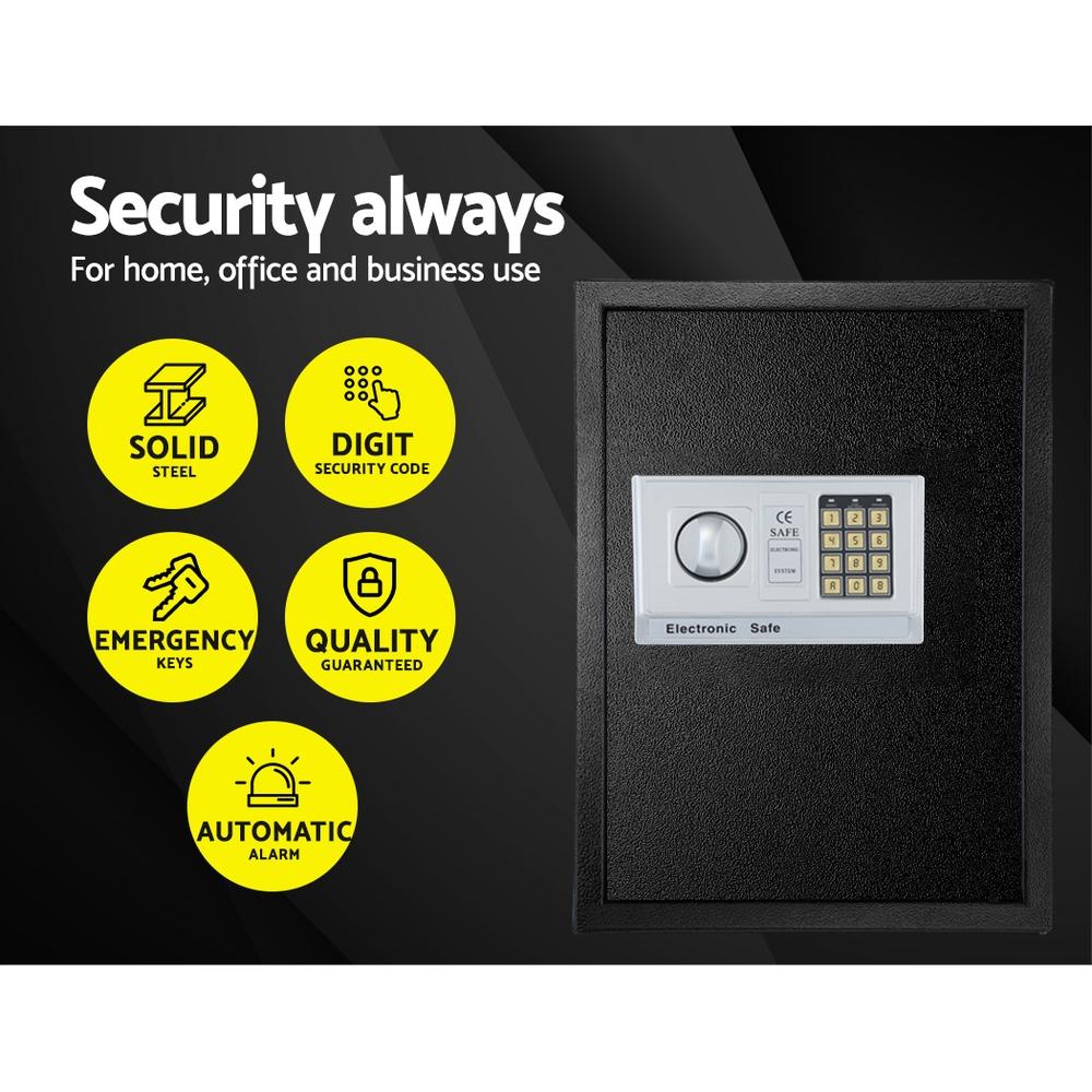 Black electronic safe with digital keypad on a black background with yellow icons and text.