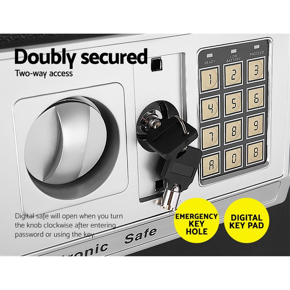 Digital safe with emergency key hole and digital keypad on a white background