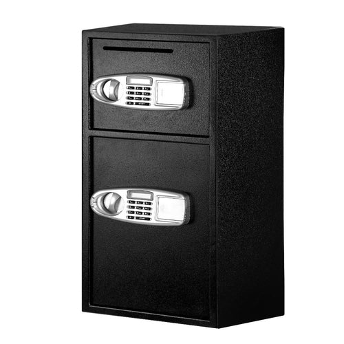 Black double-door safe with digital locks on a white background