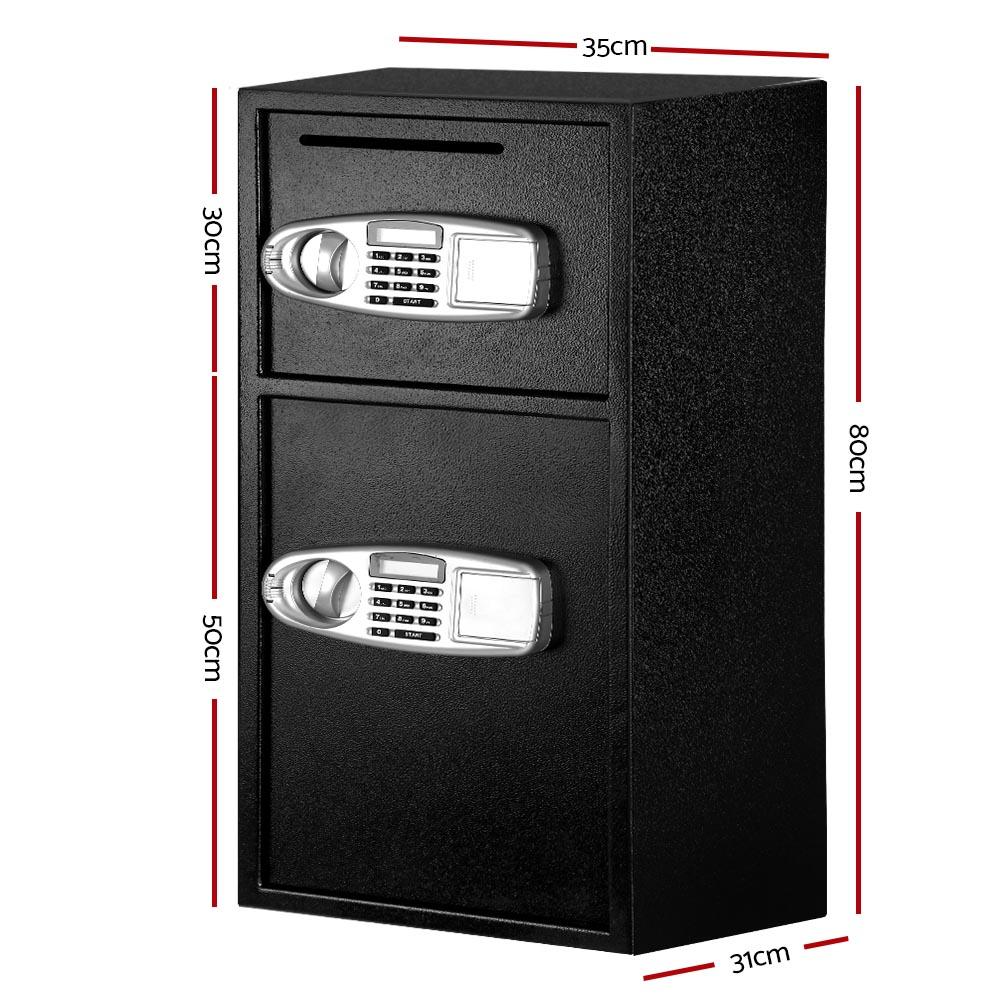 Black safe box with two digital locks and dimensions labeled