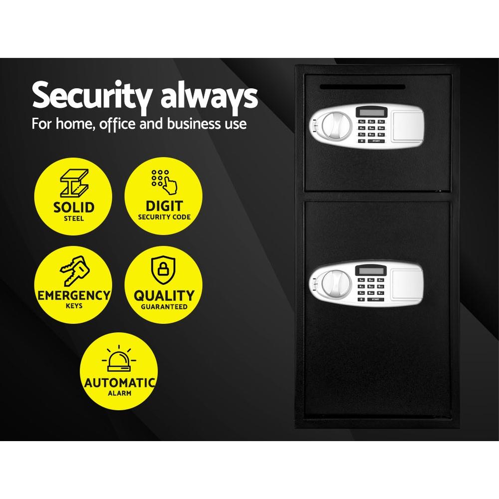 Black security safe with digital keypad on a dark background, featuring yellow icons and text about safety features.
