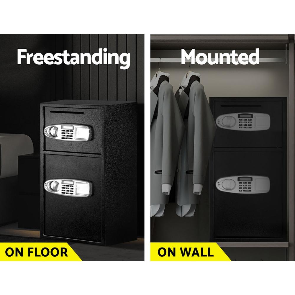Two types of black safes: freestanding on floor and mounted on wall, with digital locks.