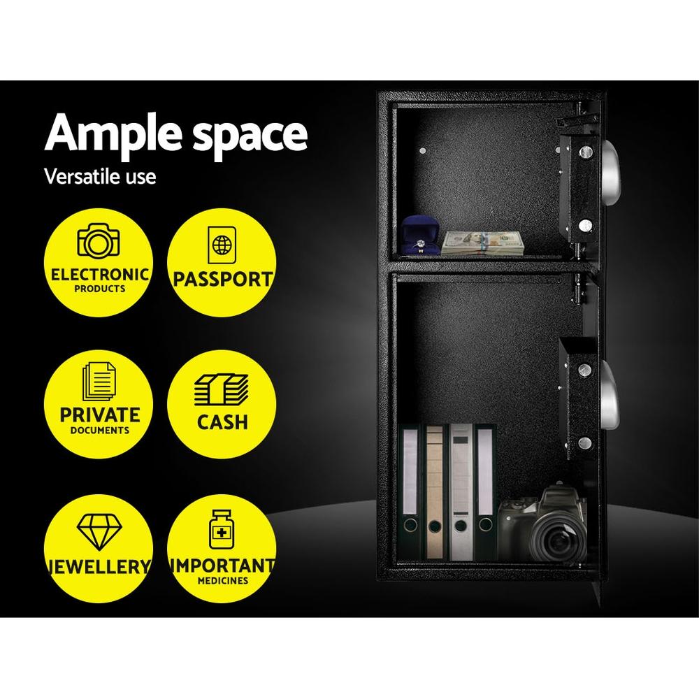 Black safe with open door showing various items and text about its features.
