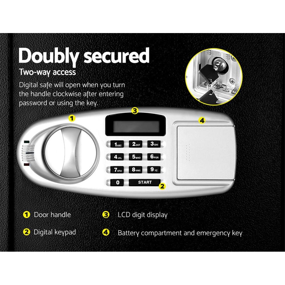 Digital safe with keypad and handle on a black background