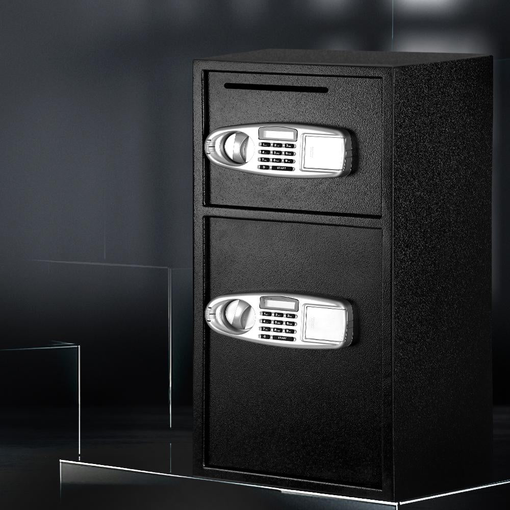 Black safe box with digital locks on a dark background
