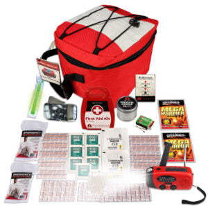 Emergency preparedness kit with first aid supplies, flashlight, and other items on a white background