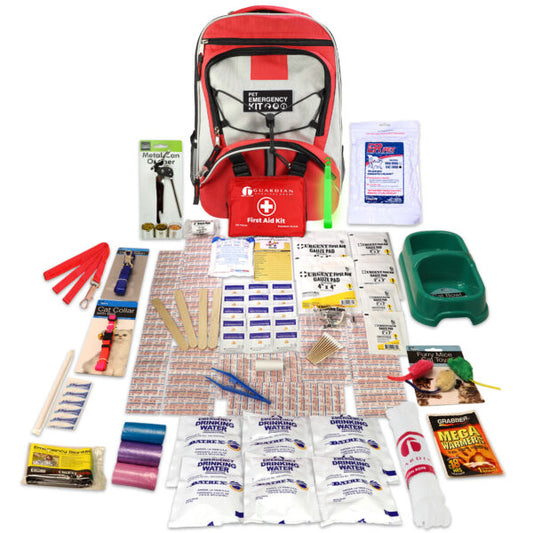 Emergency preparedness kit with various supplies on a white background