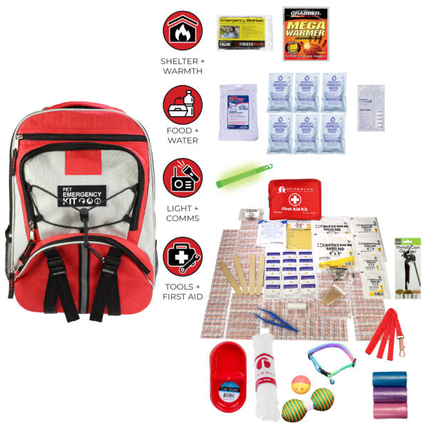 Red emergency backpack with various survival items on a white background