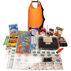Emergency preparedness kit with various supplies including a dry bag on a white background
