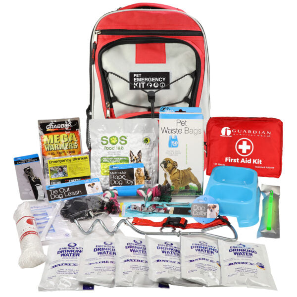 Pet emergency kit with various supplies including water, first aid kit, and pet toys on a white background.