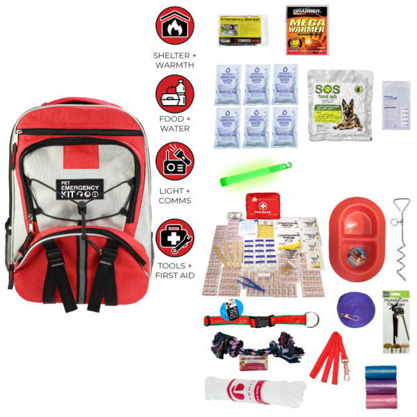 Red emergency pet kit with various supplies on a white background