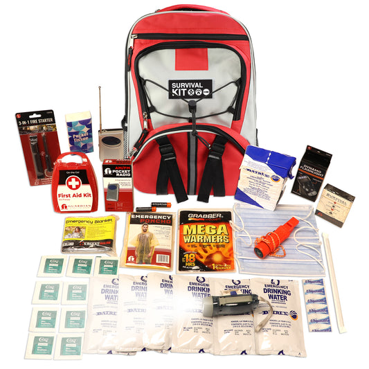 Red and white survival kit backpack with various survival items on a white background
