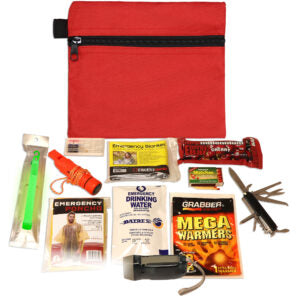 Emergency survival kit with various items including a red bag, water bottles, and tools on a white background.