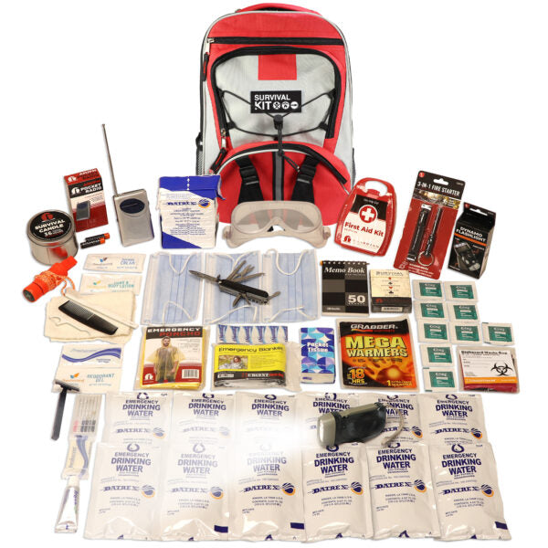Collection of survival kit items including a red backpack, water bottles, tools, and emergency supplies on a white background.