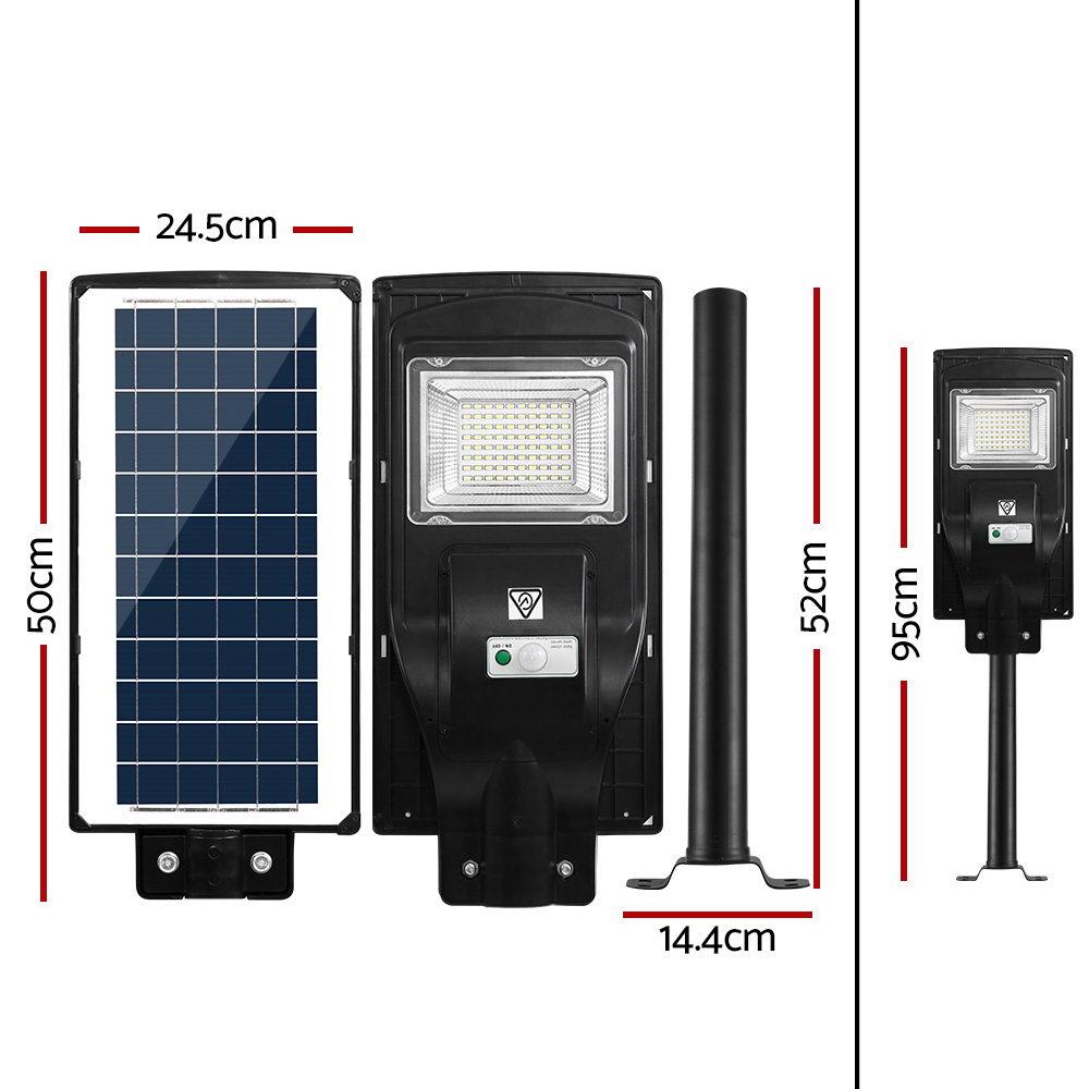Solar street light with dimensions labeled on a white background