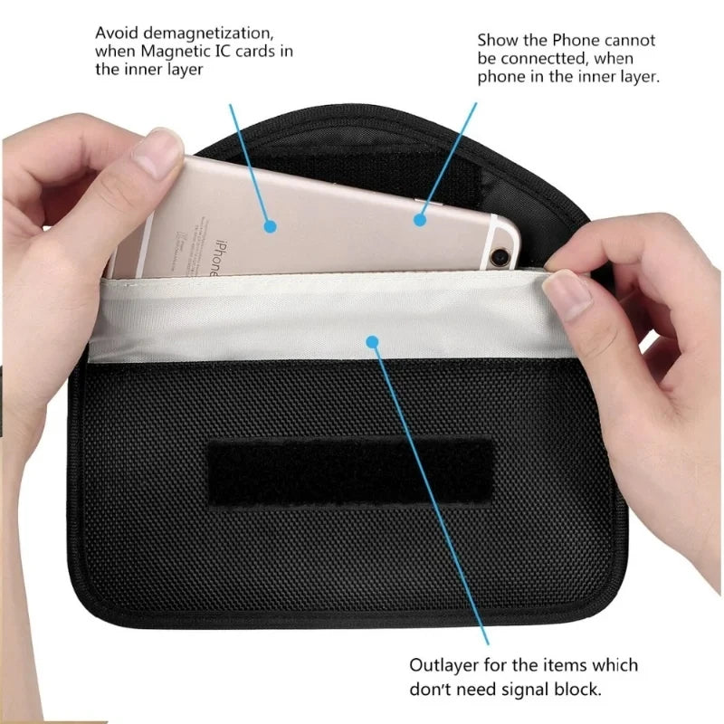 Black pouch with phone and text explaining its features