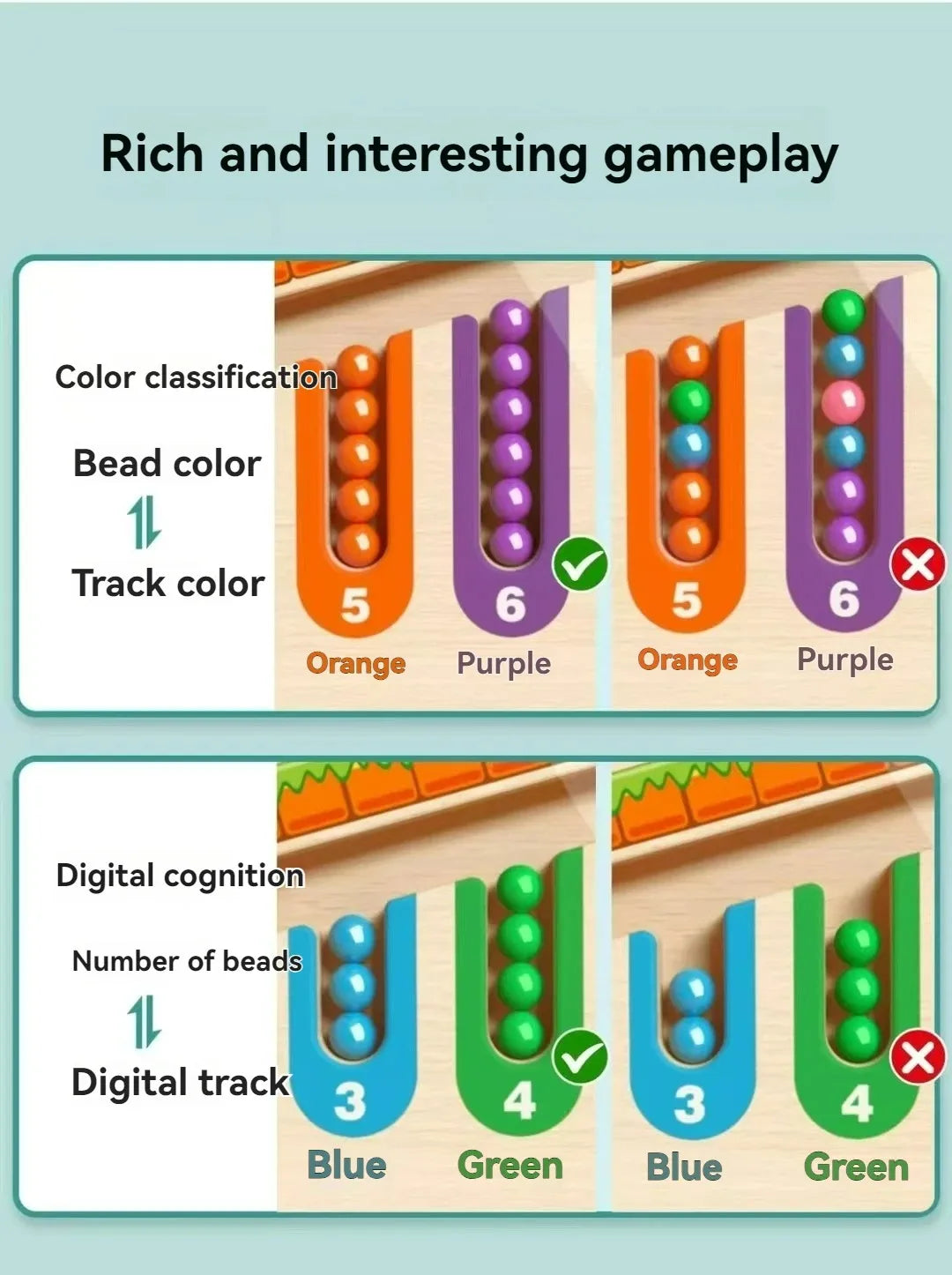 Educational toy with bead and track color classification and digital cognition features on a light blue background.