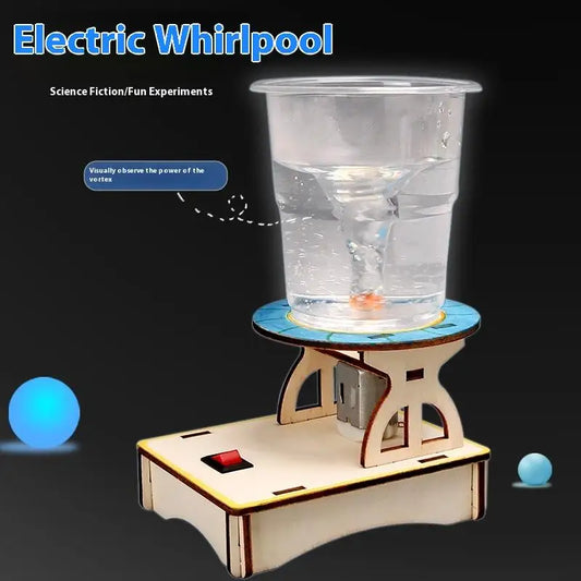 Electric whirlpool experiment setup with a clear cup and wooden base on a black background.