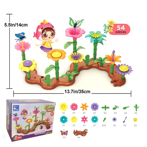 Children's toy garden set with flowers, a girl figure, and measurement details on a white background.