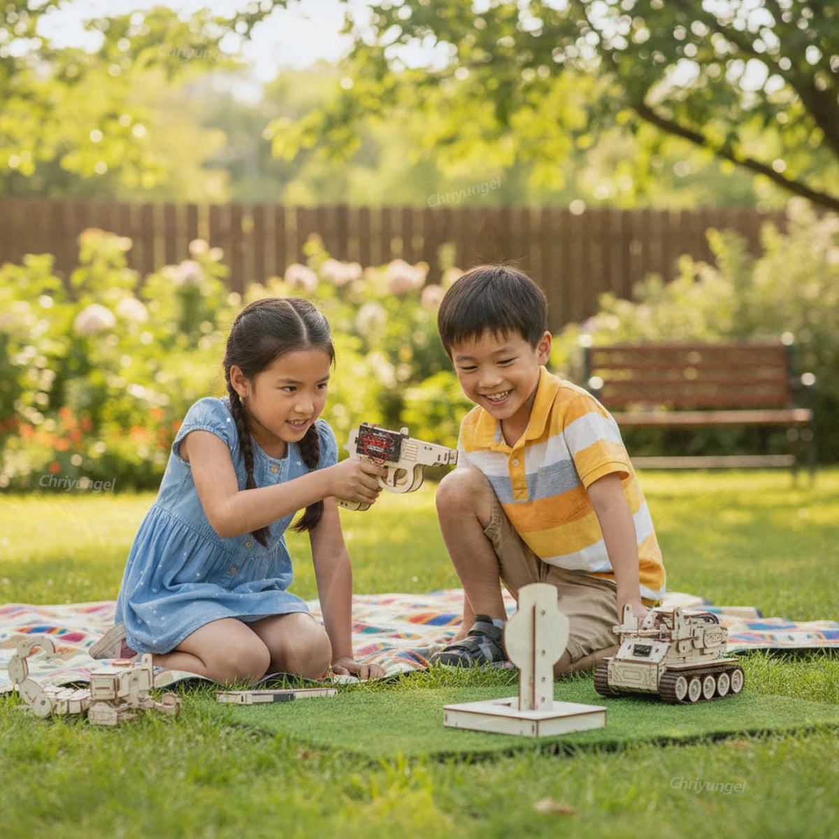 Two children playing with toy guns on a blanket in a park.