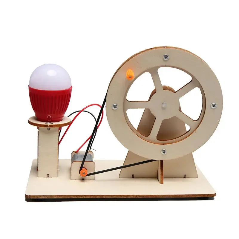 Wooden model of a generator with a light bulb on a white background