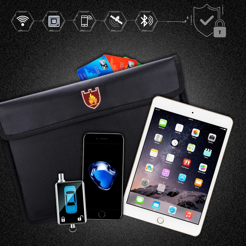 Black fabric car alarm trigger kit shown with a smartphone, an iPad, a key fob, cards, and a lock icon graphic on a dark textured background.
