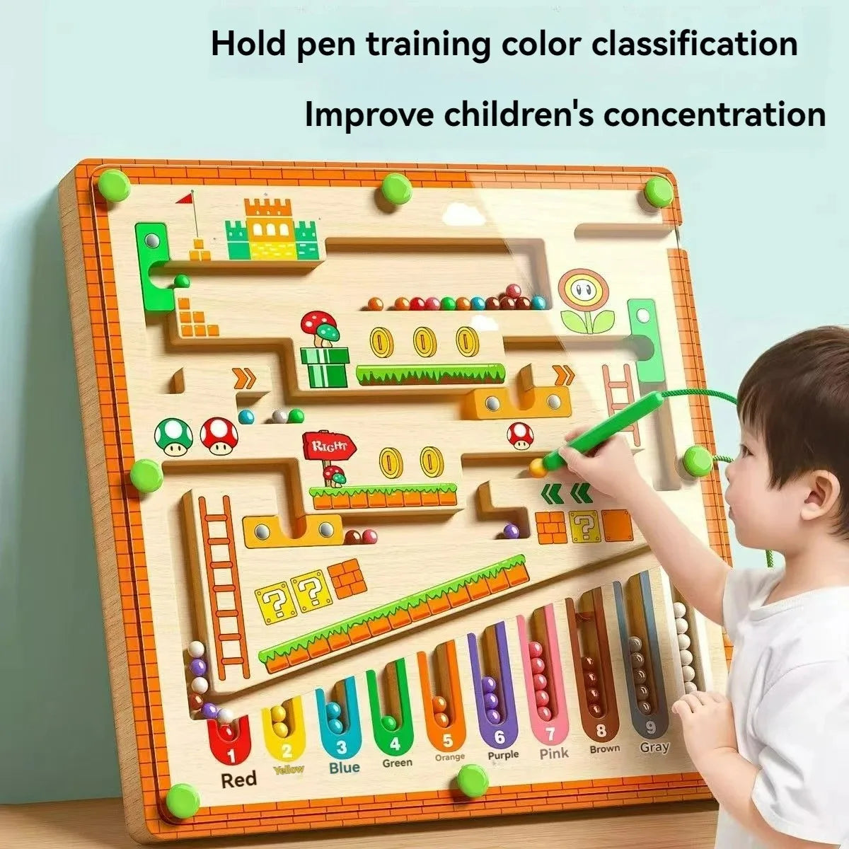 Child playing with a colorful maze toy that improves concentration and color classification.