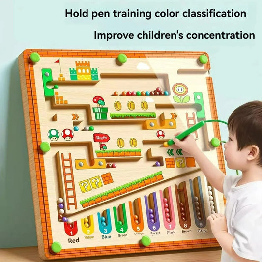 Child playing with a colorful maze toy that improves concentration and color classification.