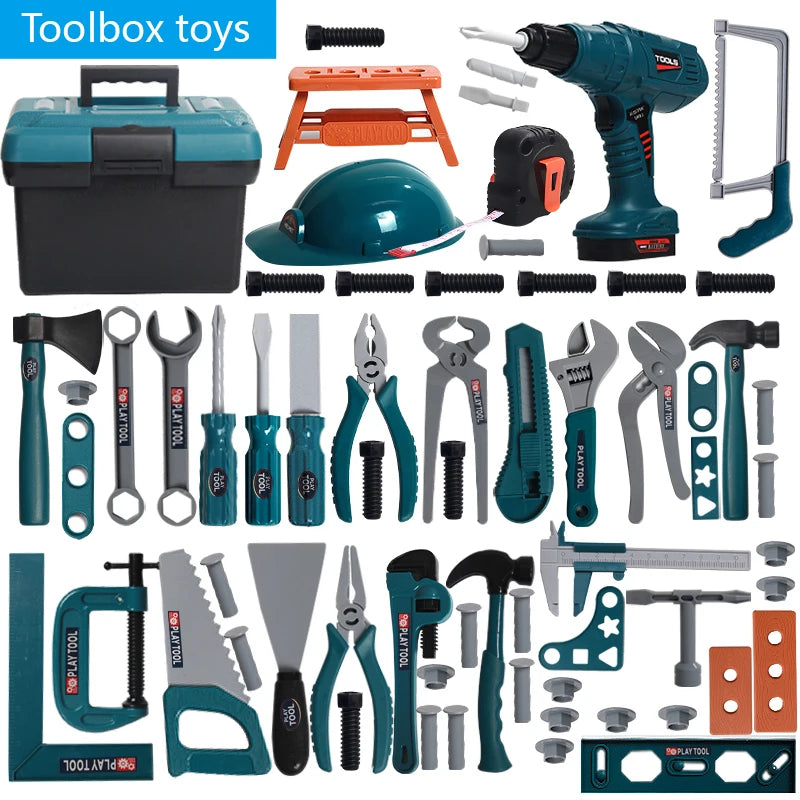 Collection of toolbox toys with tools and a toolbox on a white background