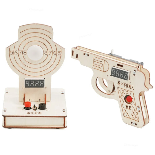 Wooden laser pointer and target set on a white background