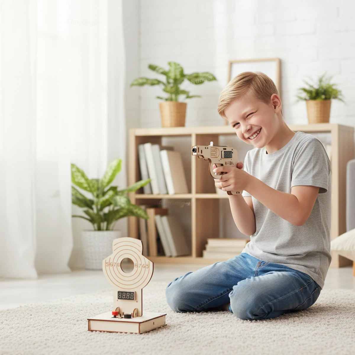 Child playing with a toy gun in a room with plants and shelves.