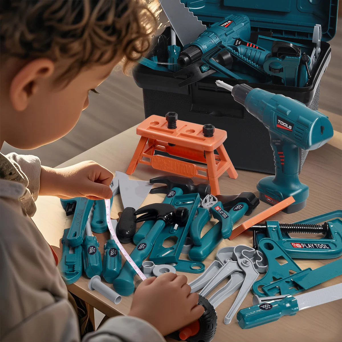 Child playing with a toy tool set on a table