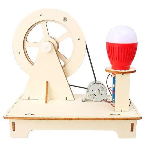 Wooden machine with a wheel and red light bulb on a white background