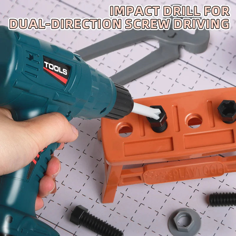 Impact drill being used on a piece of wood with tools and screws in the background.