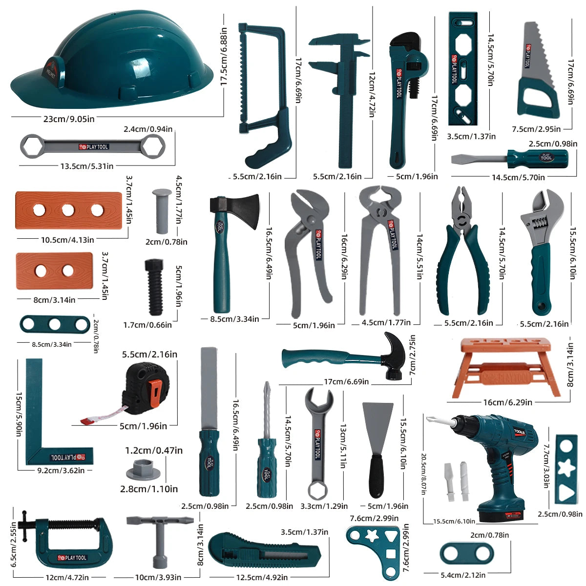 Collection of tools with measurements on a white background