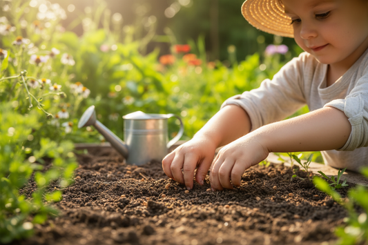 Child planting a seed in a garden with a watering can nearby