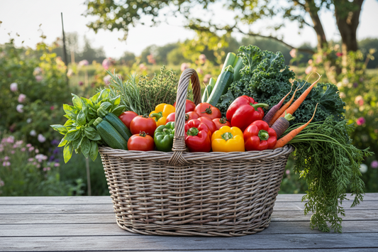 Basket of fresh vegetables on a wooden table with a garden background
