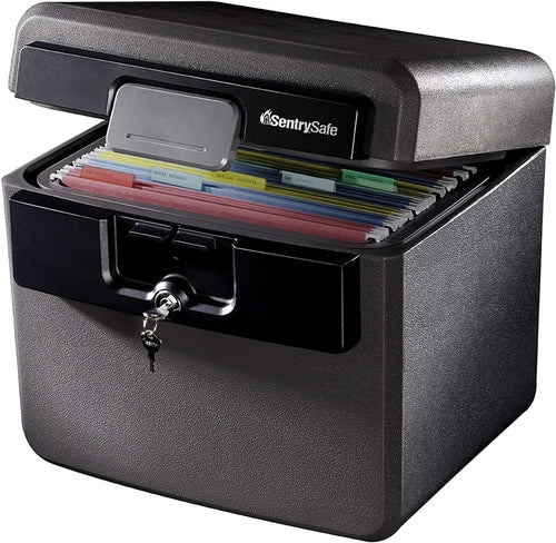 Black SentrySafe fireproof safe with open door showing colorful files inside.