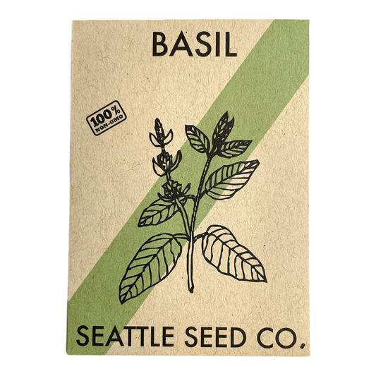 Seed packet for basil from Seattle Seed Co. with a green stripe and plant illustration.