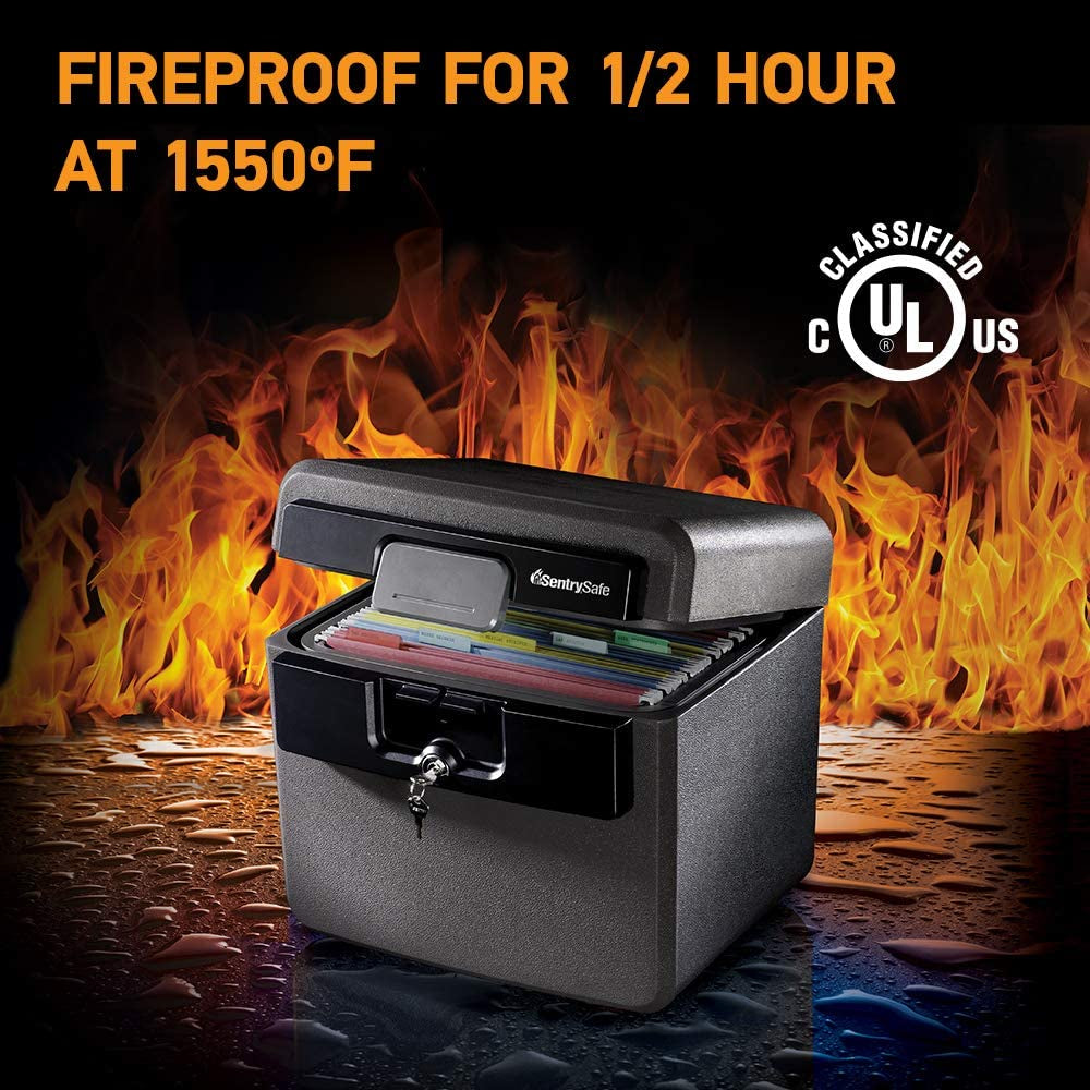 Fireproof safe with flames in the background and UL certification logo.