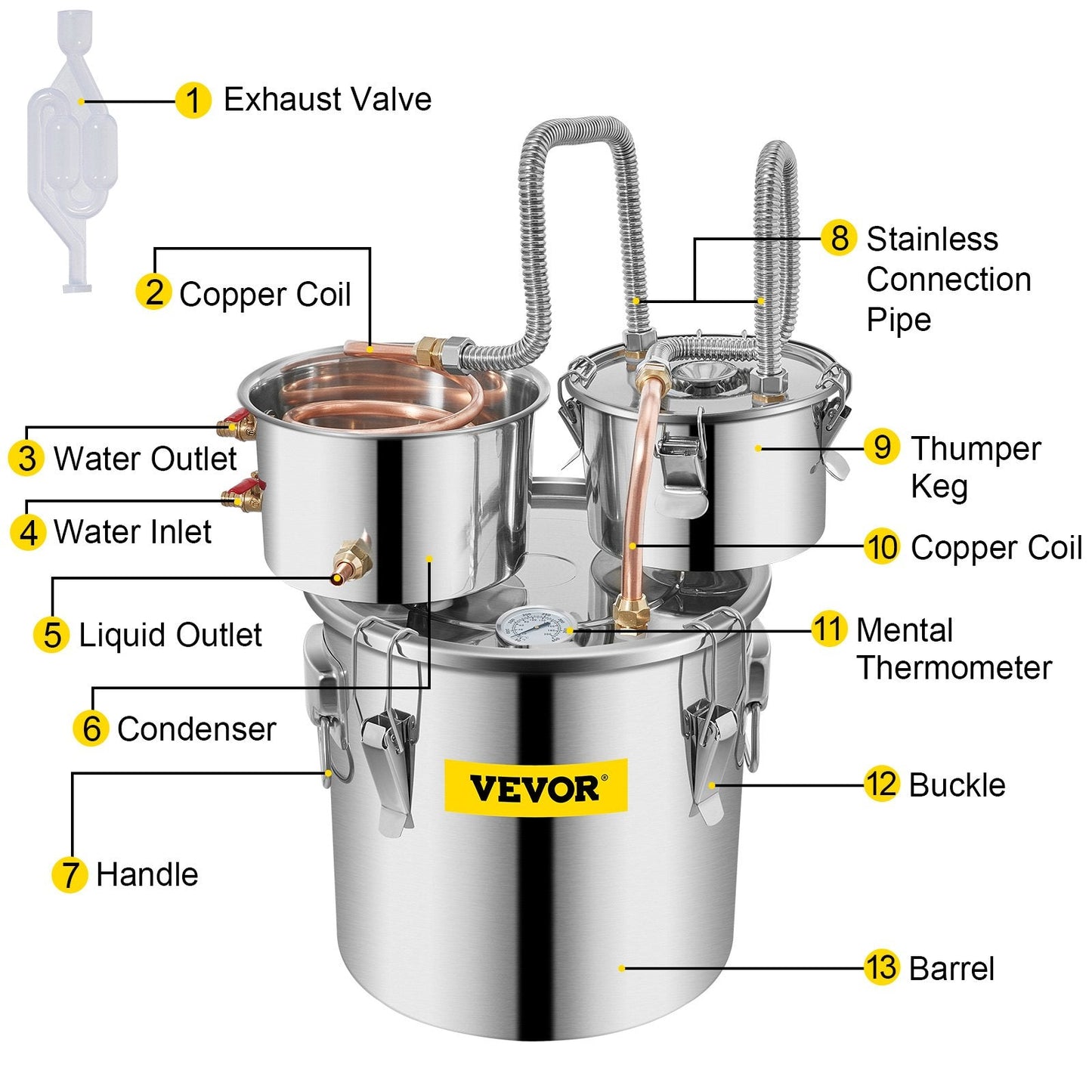 Alcohol Still, 3 Gallon, Stainless Steel Alcohol Distiller With Copper